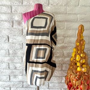 Trina Turk One Shoulder Black Ivory Tan Gray Geometric Silk Dress SZ S